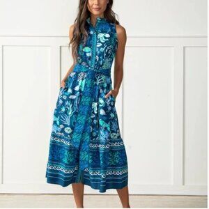 Printfresh Oceania Coast to Coast Midi Sleeveless Cotton Shirt Dress, Navy, Sz M